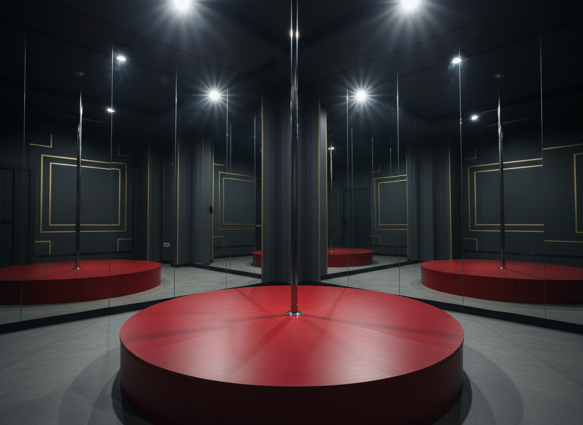 A glossy black dance pole on a small, elevated circular stage covered in smooth, deep red flooring, set within a sleek private studio. Mirrored walls reflect the pole from multiple angles, while dark charcoal walls and subtle gold accents suggest a luxurious Southern California venue. Dramatic spotlights from above create sharp highlights on the polished metal and bold shadows radiating across the floor. The atmosphere is intimate, daring, and professional, emphasizing private dance entertainment. Photographic realism, shot at eye level with a slightly wide lens, uses shallow depth of field so the background dissolves into soft bokeh, keeping the pole and stage as the undeniable focal point.