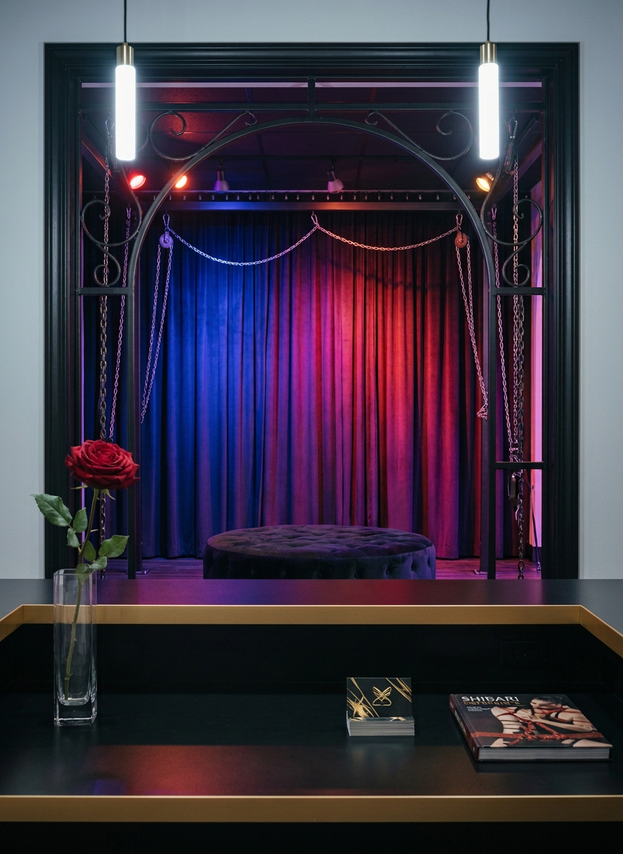 A sleek, modern booking desk set within a private dance entertainment office, with a matte black countertop, a subtle gold edge, and a high-end laptop open to a blurred scheduling interface. A minimalist crystal vase holds a single deep crimson flower, while neatly stacked black-and-gold business cards, intentionally unreadable, imply professional services. The background reveals a softly out-of-focus glimpse of a studio entrance with dark curtains and soft colored lighting spilling through. Cool, focused downlighting from above creates crisp reflections on the desk’s surface and a bold, confident mood. Photographic realism, shot from a three-quarter angle at desk level, emphasizes a clean, organized, and professional booking environment in Southern California.